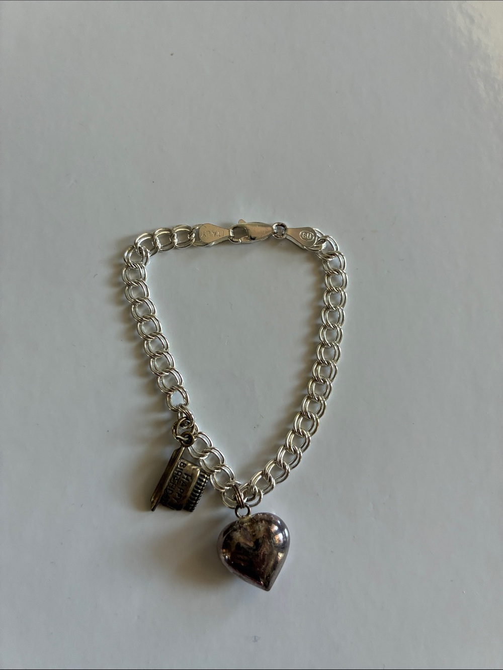 Italian Sterling Silver Marked Double Chain Heart & Birthday Cake Charm Bracelet